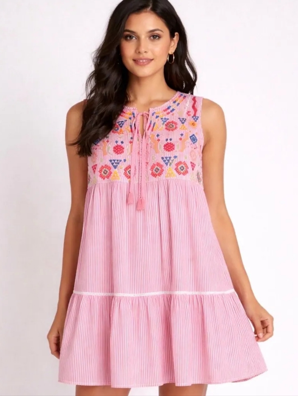 Umgee Pink Embroidered Tie-Front Mini Dress